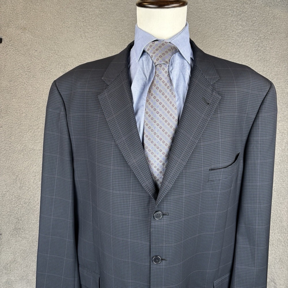 Joseph Abboud 48L Windowpane Check Blazer Men Navy Wool 3 Button Jacket - Picture 2 of 13